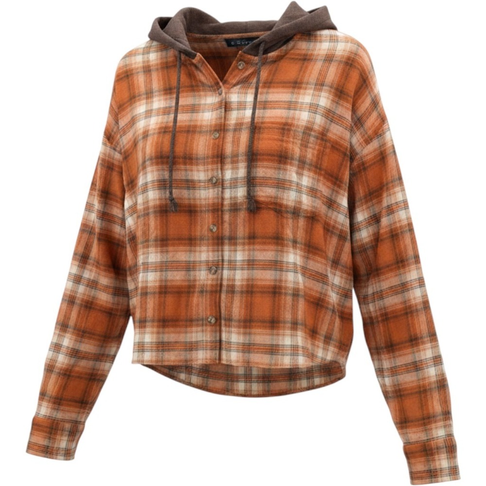 SO Goods For Life Womens Plaid Hooded Flannel Shirt Orange Brown Cropped Large